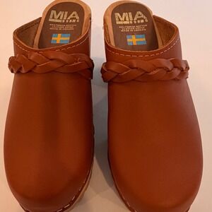 MIA Sofia Cognac Leather Braided Swedish Clogs Lug Sole Wood Mules Brown Size 37